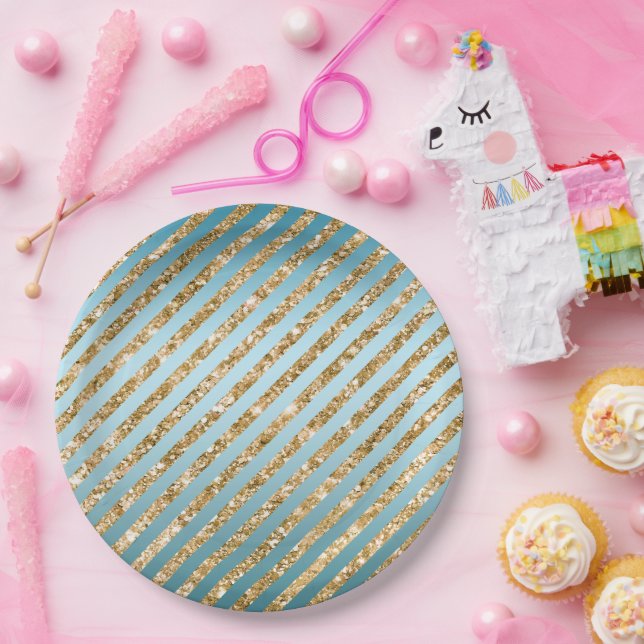 Aqua Gold Glitter Stripes Paper Plates (Party)