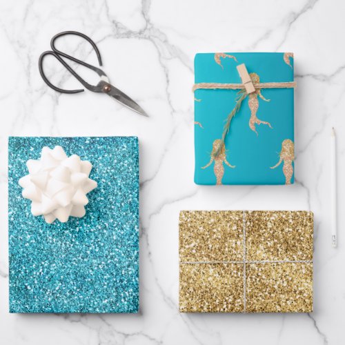 Aqua Gold Glitz Glitter Sparkle Mermaid Wrapping Paper Sheets