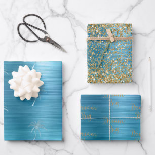 Aqua Gold Glitz Glitter Tropical Palm Tree Dream Wrapping Paper Sheets