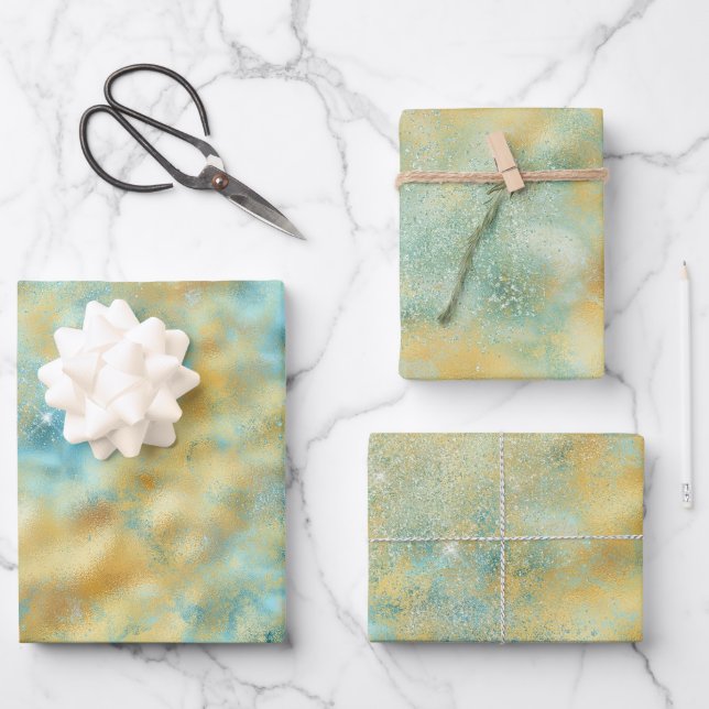  Aqua Gold Glitz Sparkle    Wrapping Paper Sheets (Front)