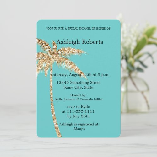 Aqua Gold Glitzy Gold Palm Tree Bridal Shower Invitation