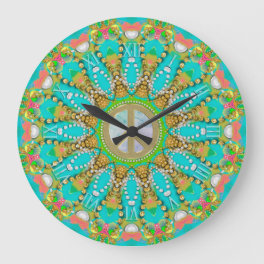 Aqua Gold Groovy Fractal Gems Peace Mandala Large Clock