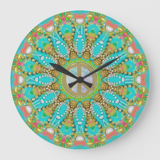 Aqua Gold Groovy Fractal Gems Peace Mandala Large Clock (Front)