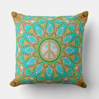 Aqua Gold Groovy Glam Peace Mandala Outdoor Pillow
