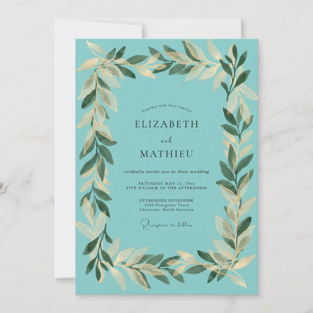 Aqua Gold Leaf Wedding Invitation (Front)