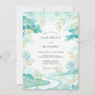 Aqua Gold Leafy Wedding Invitation