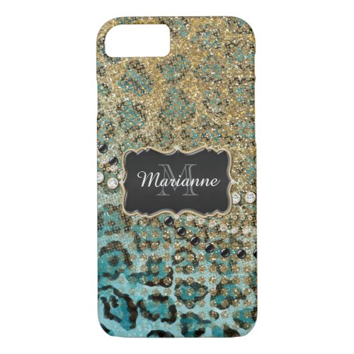 Aqua Gold Leopard Animal Print Glitter Look Jewel iPhone 87 Case