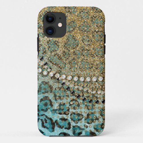 Aqua Gold Leopard Animal Print Glitter Look Jewel iPhone 11 Case