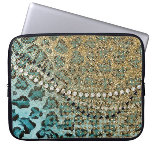 Aqua Gold Leopard Animal Print Glitter Look Jewel Laptop Sleeve