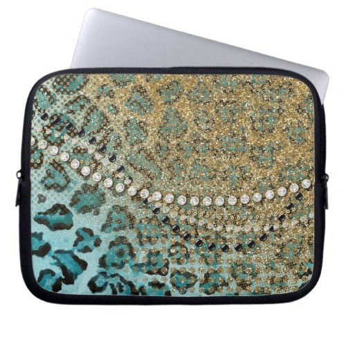 Aqua Gold Leopard Animal Print Glitter Look Jewel Laptop Sleeve