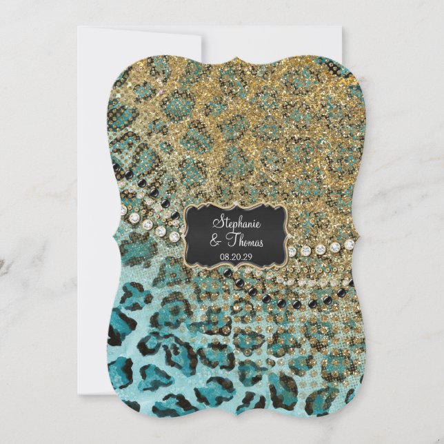Aqua Gold Leopard Animal Print Glitter Wedding Invitation (Front)