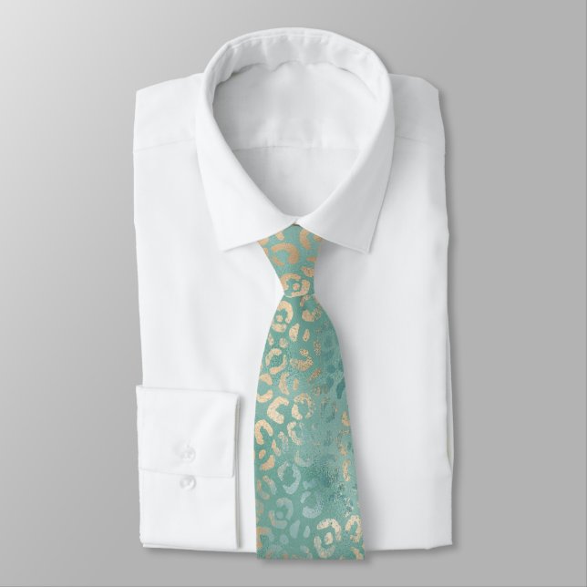 Aqua Gold Leopard Print Neck Tie (Tied)
