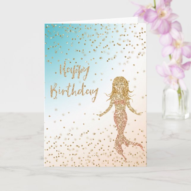 Aqua Gold Mermaid Glitter Confetti Birthday Card (Orchid)