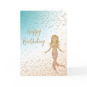 Aqua Gold Mermaid Glitter Confetti Birthday Card