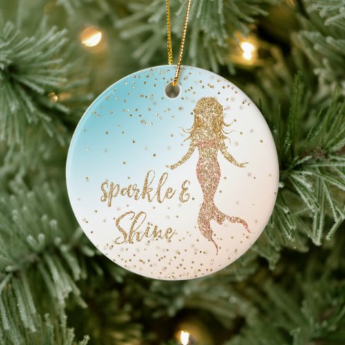 Aqua Gold Mermaid Sparkle Glitter Confetti  Ceramic Ornament