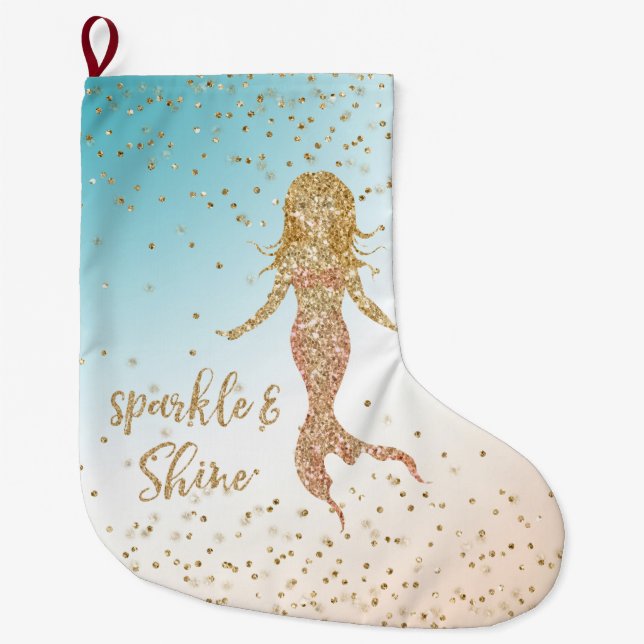 Aqua Gold Mermaid Sparkle Glitter Confetti         Large Christmas Stocking (Front)