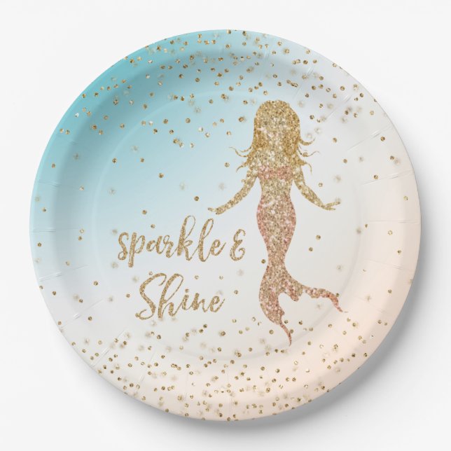 Aqua Gold Mermaid Sparkle Glitter Confetti   Paper Plates (Front)