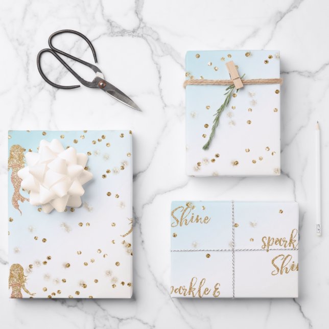 Aqua Gold Mermaid Sparkle Glitter Confetti    Wrapping Paper Sheets (Front)