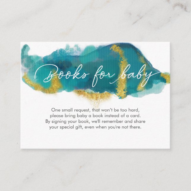 Aqua gold ocean Baby Shower Books for baby cards (Front)