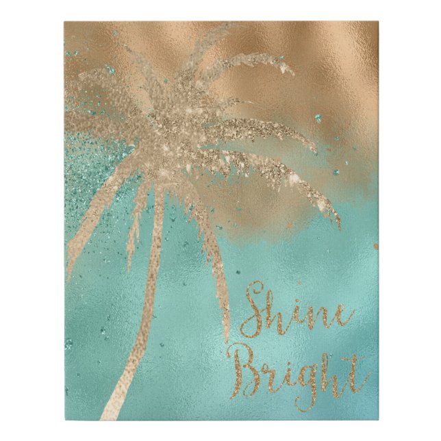 Aqua Gold Palm Tree Shine Bright Glitter          Faux Canvas Print (Front)