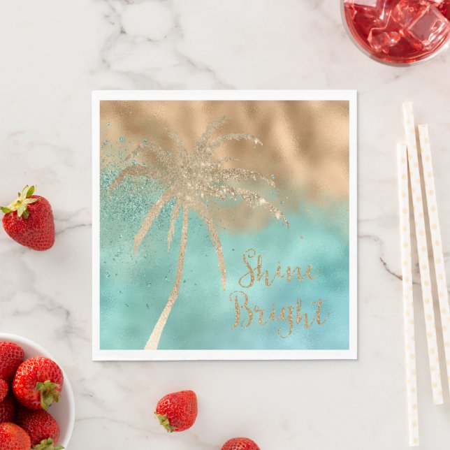 Aqua Gold Palm Tree Shine Bright Glitter        Napkins (Insitu)