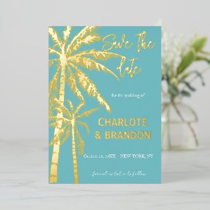 Aqua Gold Palm Trees Beach Wedding Save The Date Foil Invitation