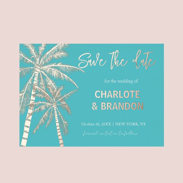 Aqua Gold Palm Trees Beach Wedding Save The Date Foil Invitation (Creator Uploaded)