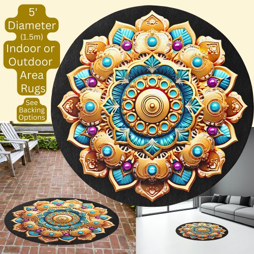 Aqua Gold Pink 3D Mandala Circular Round Rug