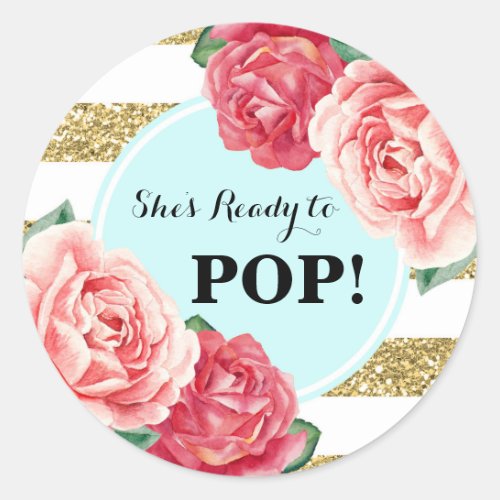 Aqua Gold Pink Floral Baby Shower Ready to Pop Classic Round Sticker
