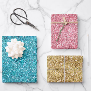 Aqua Gold Pink Glitz Glitter Unicorn Sparkle Wrapping Paper Sheets