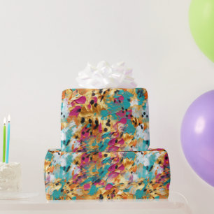 Aqua Gold Pink Leopard Paint Wrapping Paper