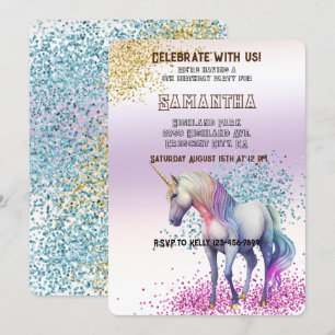 Aqua Gold Pink Unicorn Glitter Invitation
