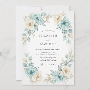 Aqua Gold Ranunculus Eucalyptus Wedding Invitation
