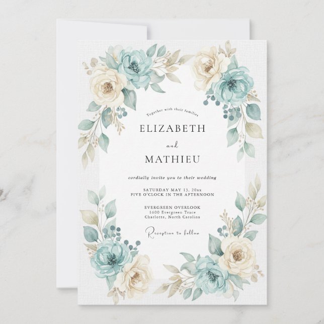 Aqua Gold Ranunculus Eucalyptus Wedding Invitation (Front)