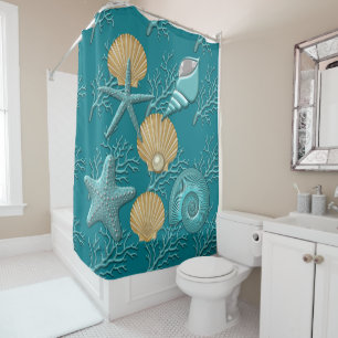 Aqua & Gold Seahells Coral Reef Shower Curtain