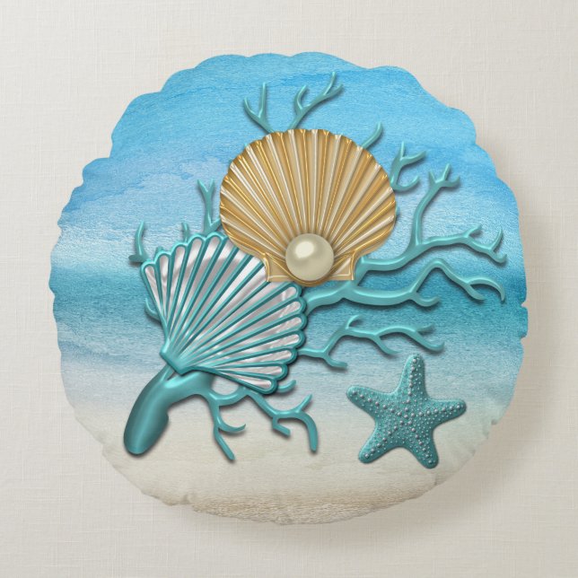 Aqua & Gold Seashells Beach Round Pillow (Front)