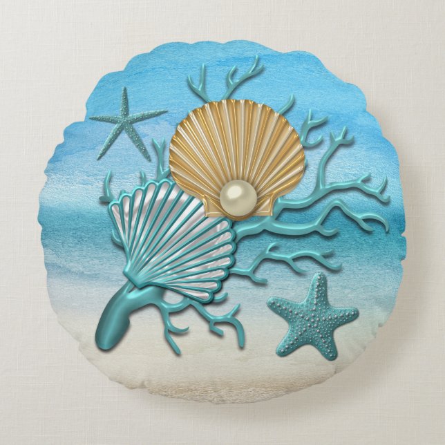 Aqua & Gold Seashells Beach Round Pillow (Front)