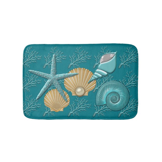 Aqua & Gold Seashells Coral Reef Bathroom Mat (Front)