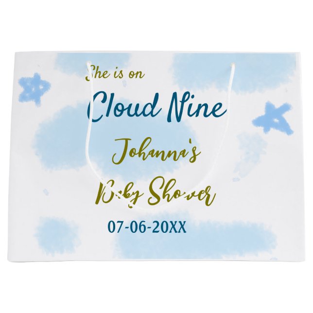 Aqua gold she is on cloud nine baby shower clouds  large gift bag (Front)