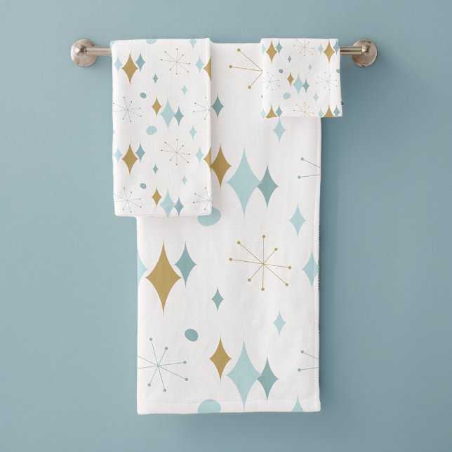 Aqua, Gold Starburst Mid Century Pattern Bath Towel Set (Creator Uploaded)
