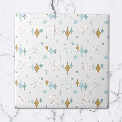 Aqua Gold Starburst Mid Century Pattern Ceramic Tile