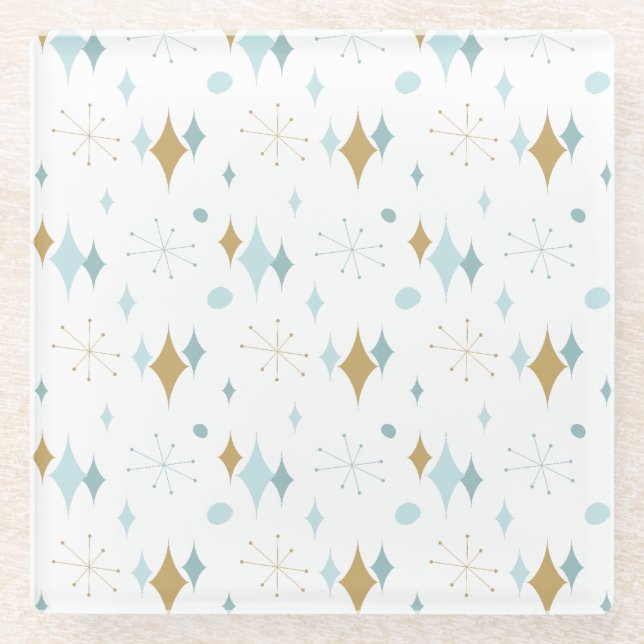 Aqua, Gold Starburst Mid Century Pattern Glass Coaster (Front)