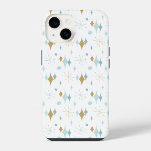 Aqua, Gold Starburst Mid Century Pattern iPhone 14 Case