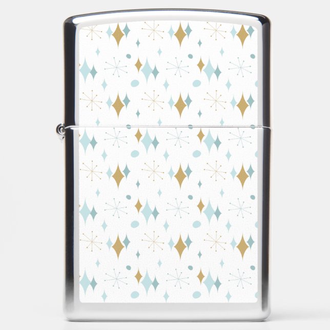 Aqua, Gold Starburst Mid Century Pattern Zippo Lighter (Front)