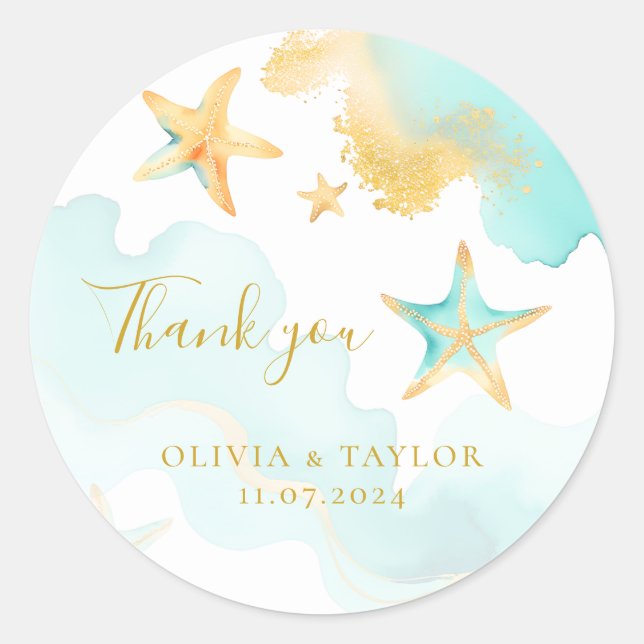 Aqua & Gold Starfish Beach Thank You Wedding Favor Classic Round Sticker (Front)