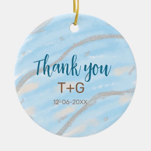 Aqua gold thank you add couple name date year text ceramic ornament
