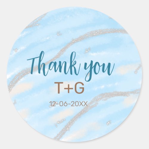 Aqua gold thank you add couple name date year text classic round sticker