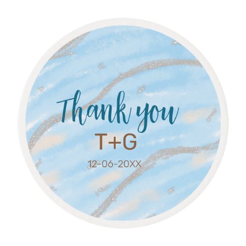 Aqua gold thank you add couple name date year text edible frosting rounds
