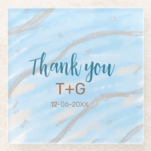 Aqua gold thank you add couple name date year text glass coaster