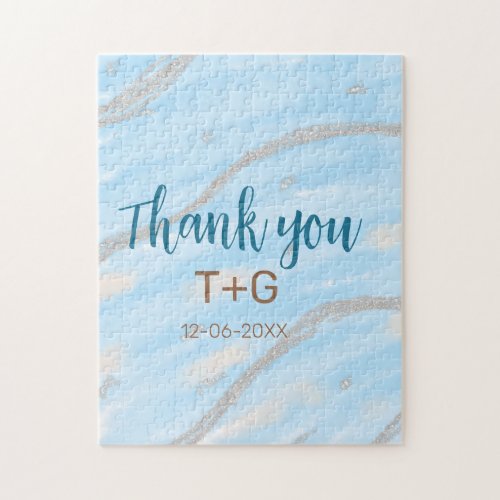 Aqua gold thank you add couple name date year text jigsaw puzzle